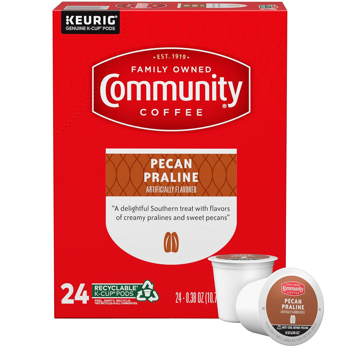Community Coffee Pecan Praline Flavored 24 Count Coffee Pods, Medium Roast, Compatible with Keurig 2