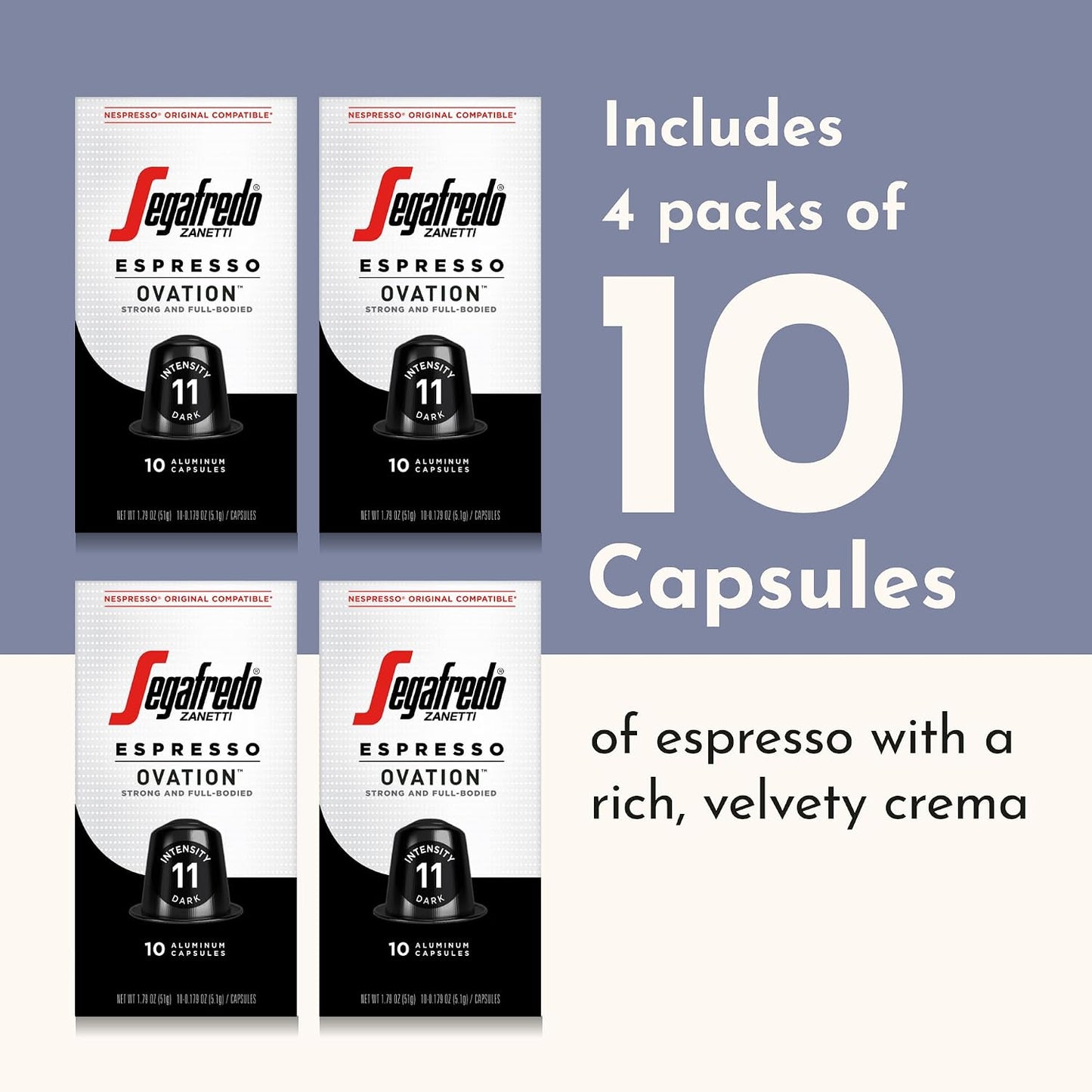 Segafredo Zanetti Espresso Capsules - Ovation, 4 Packs of 10 Pods | Dark Roast, Aluminum Pods for Nespresso Original Machines, Premium Espresso with a Full-Bodied Aroma, Strong, Intensity 11