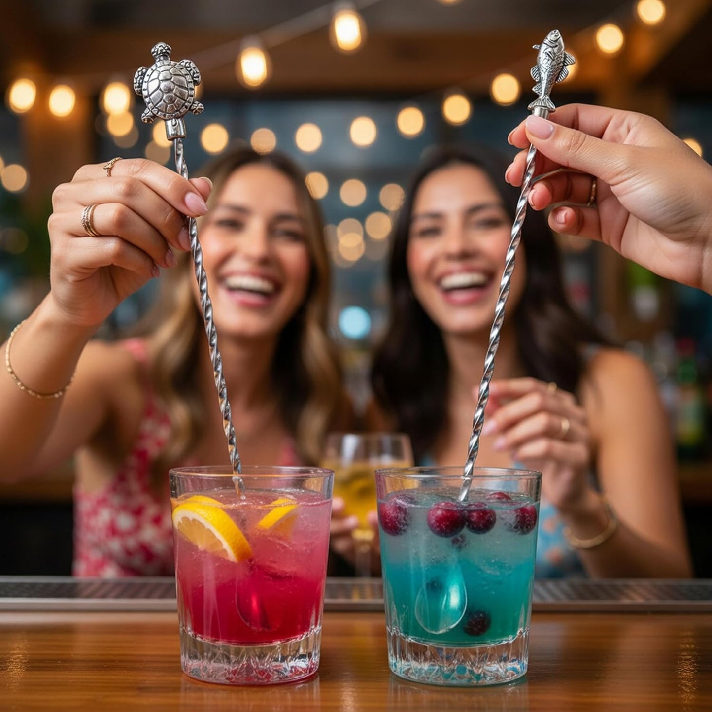 Homestia 12 Inch Bar Spoon, 2 Pcs Cocktail Spoon with Sea Turtle Fish Decor | Dirty Soda Bar Supplies, Stainless Steel Coffee Bar Use, Mixing &amp; Layering Drink Stirrer, Long Spoon for Bartending Stirring