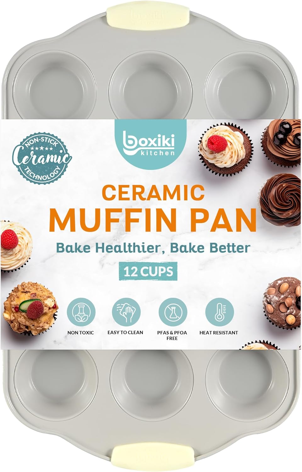 Boxiki Kitchen 12 Cups Ceramic Coated Muffin Pan for Baking - Durable Steel Frame Cupcake Pan w/Nonstick Surface -