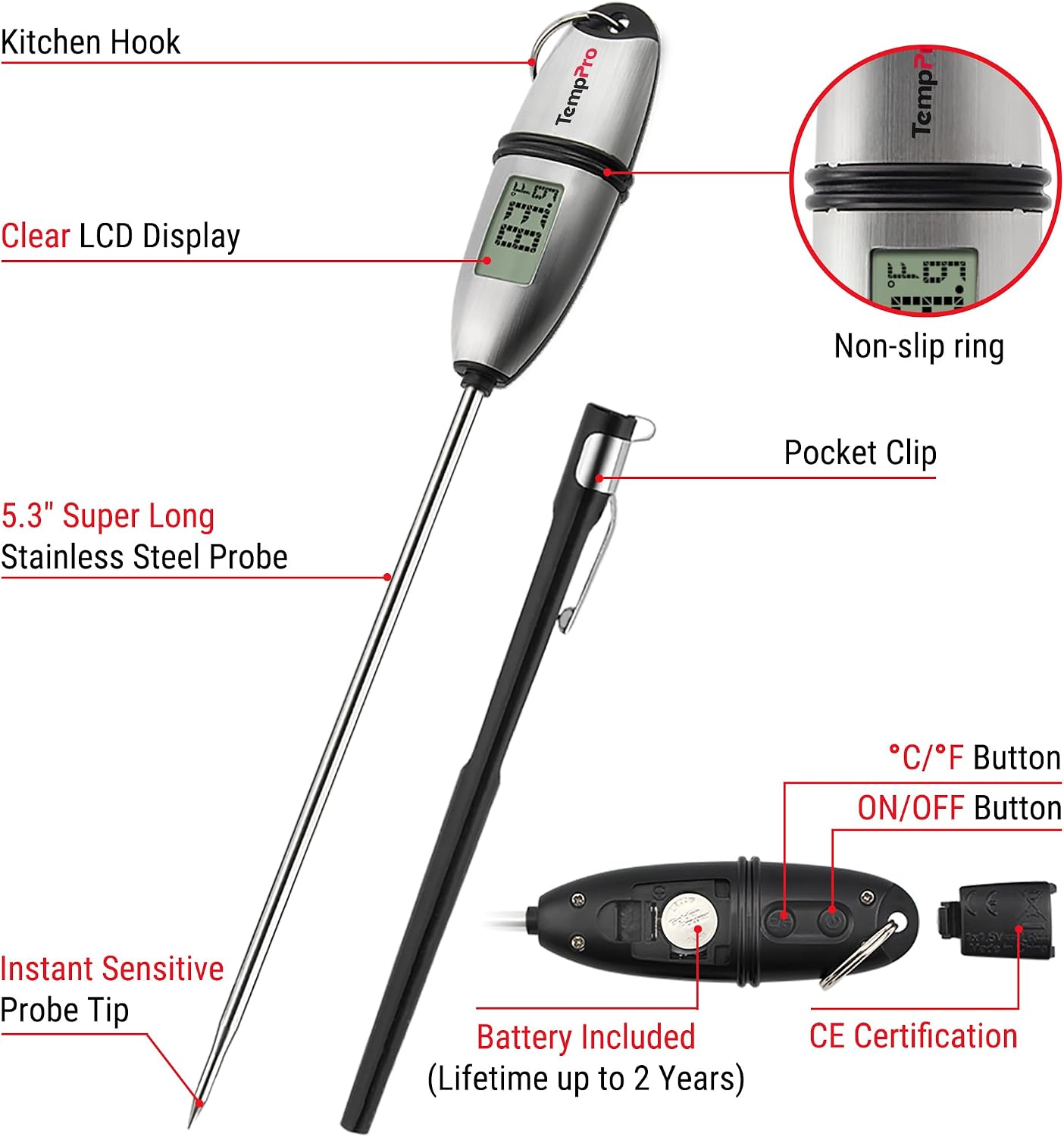 TempPro TempSwift 1 Sec Meat Thermometer Digital for Kitchen Cooking Food | 2 Pack, 5.3 inches Super Long Stainless Steel Probe, Bread Baking Sourdough Liquids Oil Frying Candy Making Accessories Gift