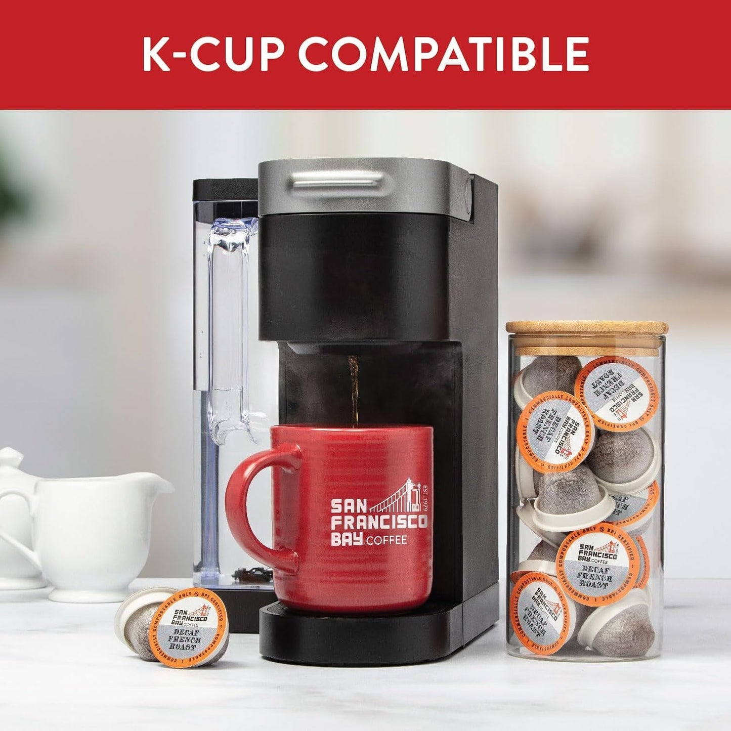 San Francisco Bay Coffee - Decaf Medium-Dark Roast - Decaf Gourmet Blend (80 ct) - Single Serve Coffee Pods, Swiss Water Processed, Commercially Compostable, K Cup Compatible