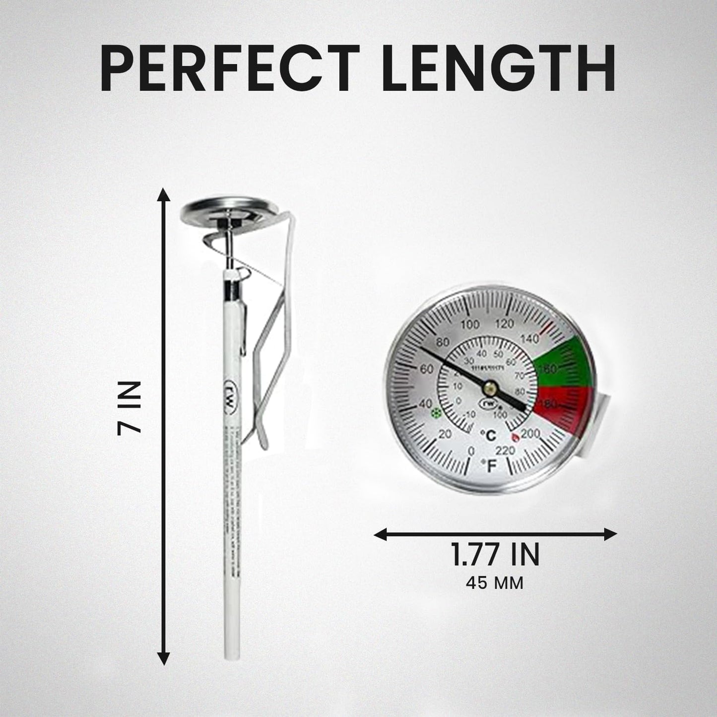 Rattleware 7″ Easy Steam Dial Thermometer 45mm Dial with Red Green Zones – Accurate Milk Frothing Tool with Stainless Steel Stem and Clip for Cafe Coffee Barista Precision