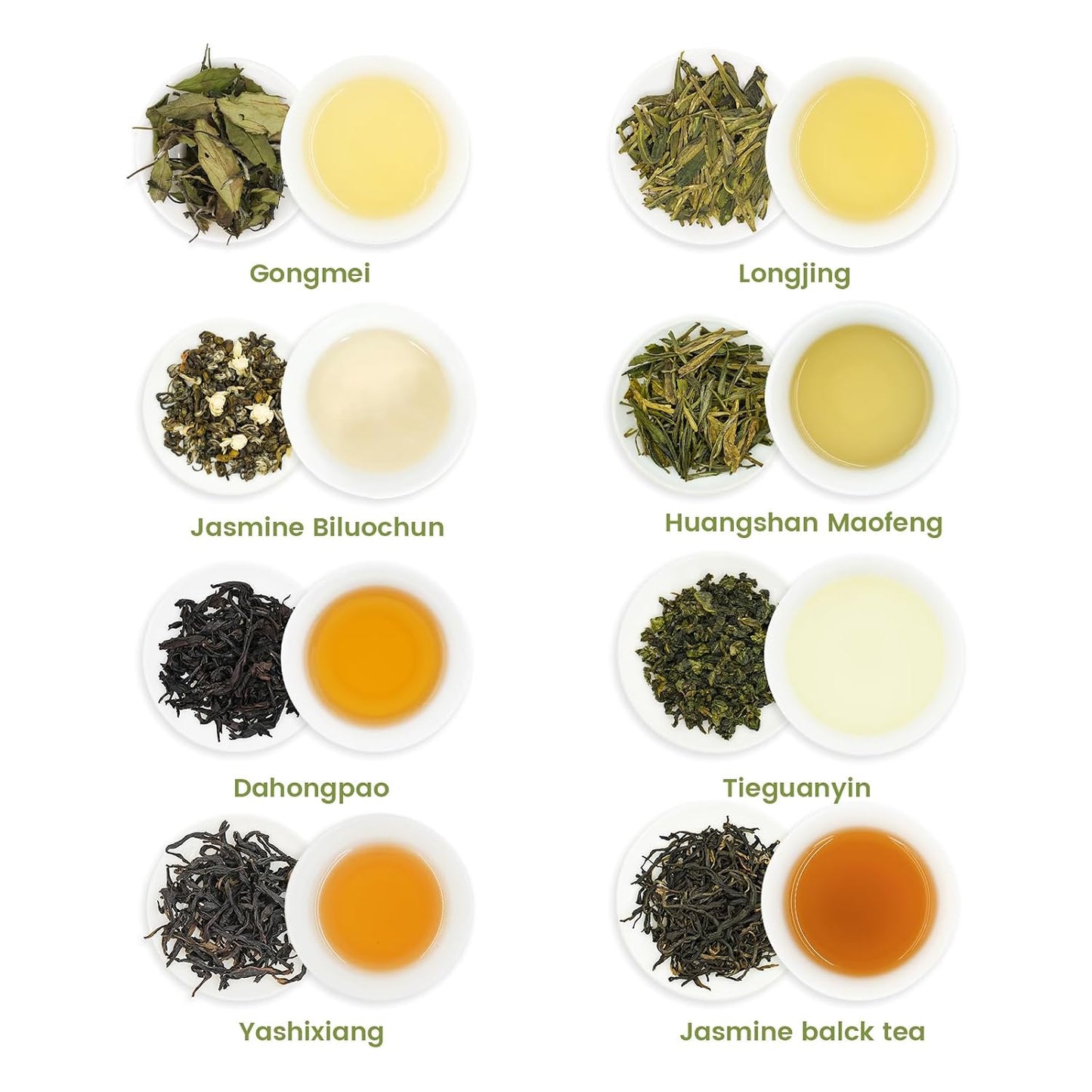 iTeaworld Loose Leaf Chinese Tea Sampler, 8 Flavors (Oolong Tea, Jasmine Flower Tea, Green Tea and White Tea), Each Flavor Comes With 2 Packs Of Loose Leaf Tea Sampler, With Mediumly Caffeinated, Sugar Free for Health, 2.1oz | Up to 200 Cups|Longjing,Jasm