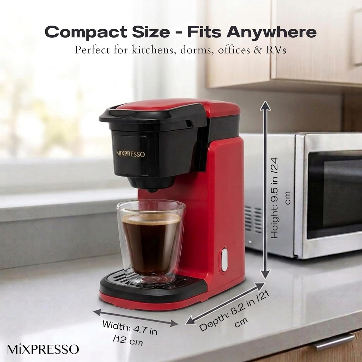 Mixpresso Single Serve Coffee Maker K Cup Coffee Maker for K Pods &amp; Grounds | Compact 800W Red Coffee Machine with 12 Oz Water Tank, Fast Brew &amp; Auto Shut-Off, Small Design for Travel, Office, RV &amp; Dorm