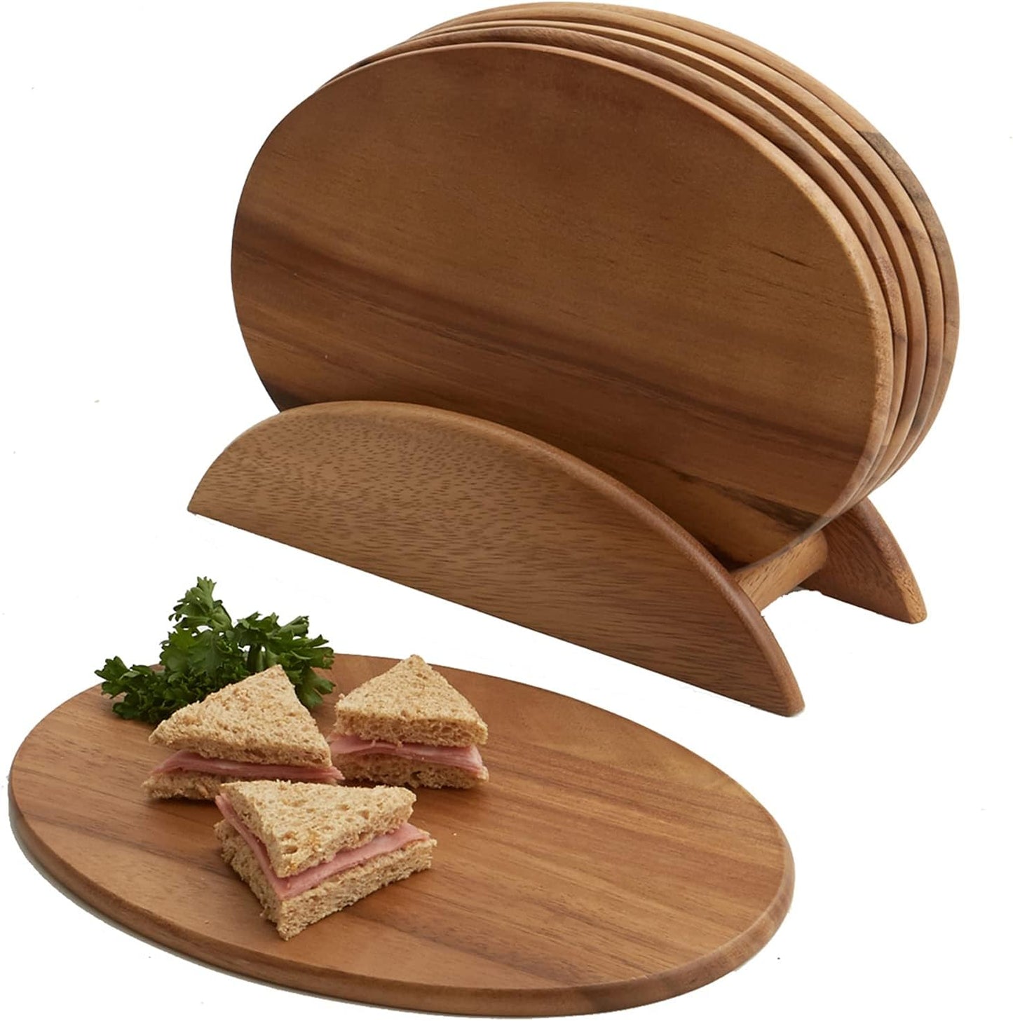 Woodard &amp; Charles Acacia Wood 6 Serving Boards with Stand, 7 Piece Set