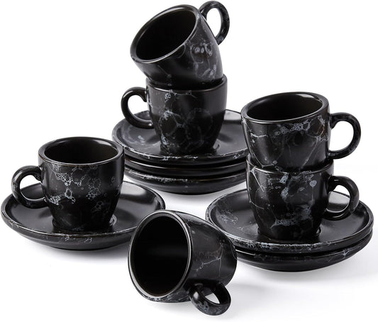 SIDUCAL Espresso Cups Set of 6,2 Ounce Ceramic Coffee Cups with Saucers,Porcelain Double Espresso Shot Cup Set,Gift Box for