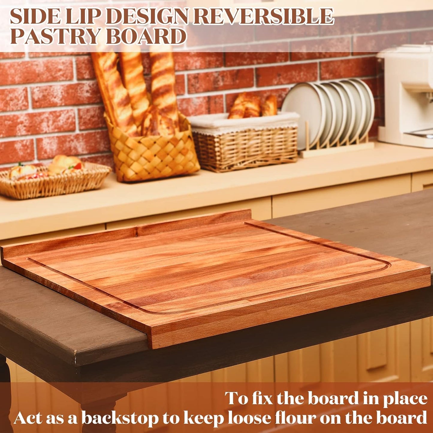 Vesici Walnut Pastry Board with Lip for Rolling Dough 24" x 22.8" x 1.5" Large Wooden Cutting Chopping Kneading Board with Engraved Measurements for Counter Tabletop Kitchen
