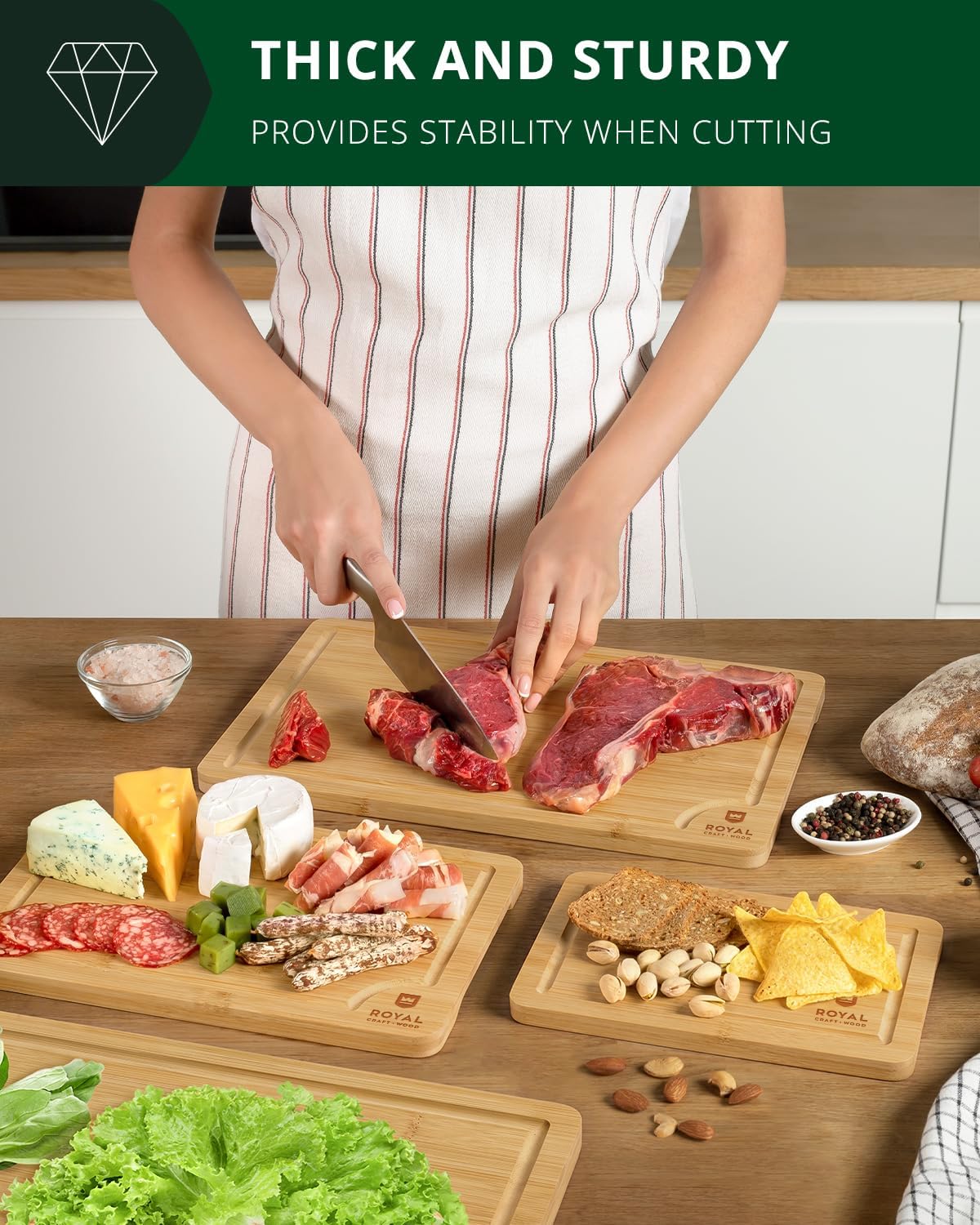 ROYAL CRAFT WOOD Wooden Cutting Boards for Kitchen Meal Prep &amp; Serving - Bamboo Wood Serving Board Set with Deep Juice Groove Side Handles - Charcuterie &amp; Chopping Butcher Block for Meat