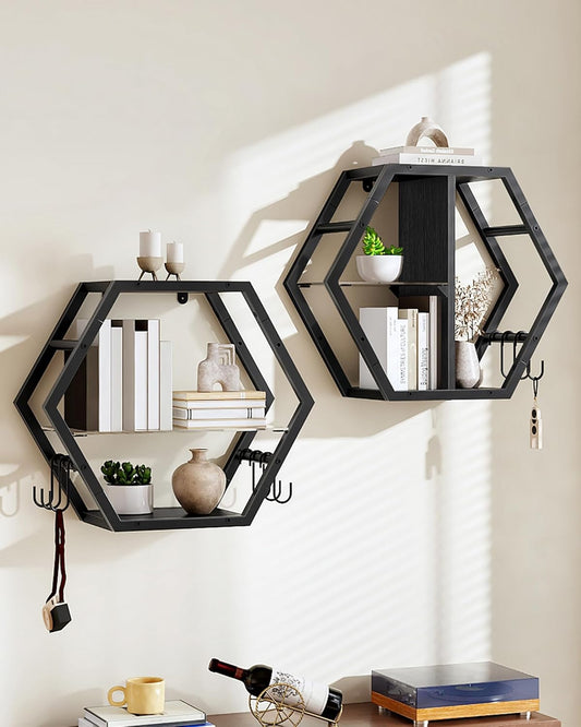 Hexagon Floating Shelves Set of 2, Glass Hanging Shelves for Wall Decor, Industrial Style Wall Storage Rack and 12 S-Hooks,