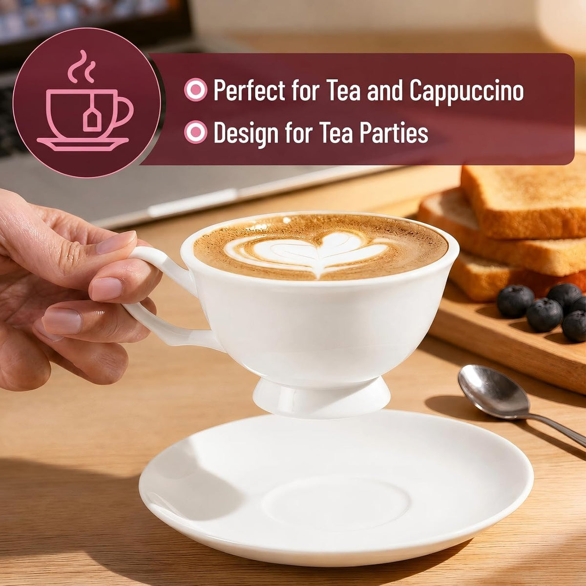 Fine Bone China Espresso Cups and Saucers Set of 4, 5 oz