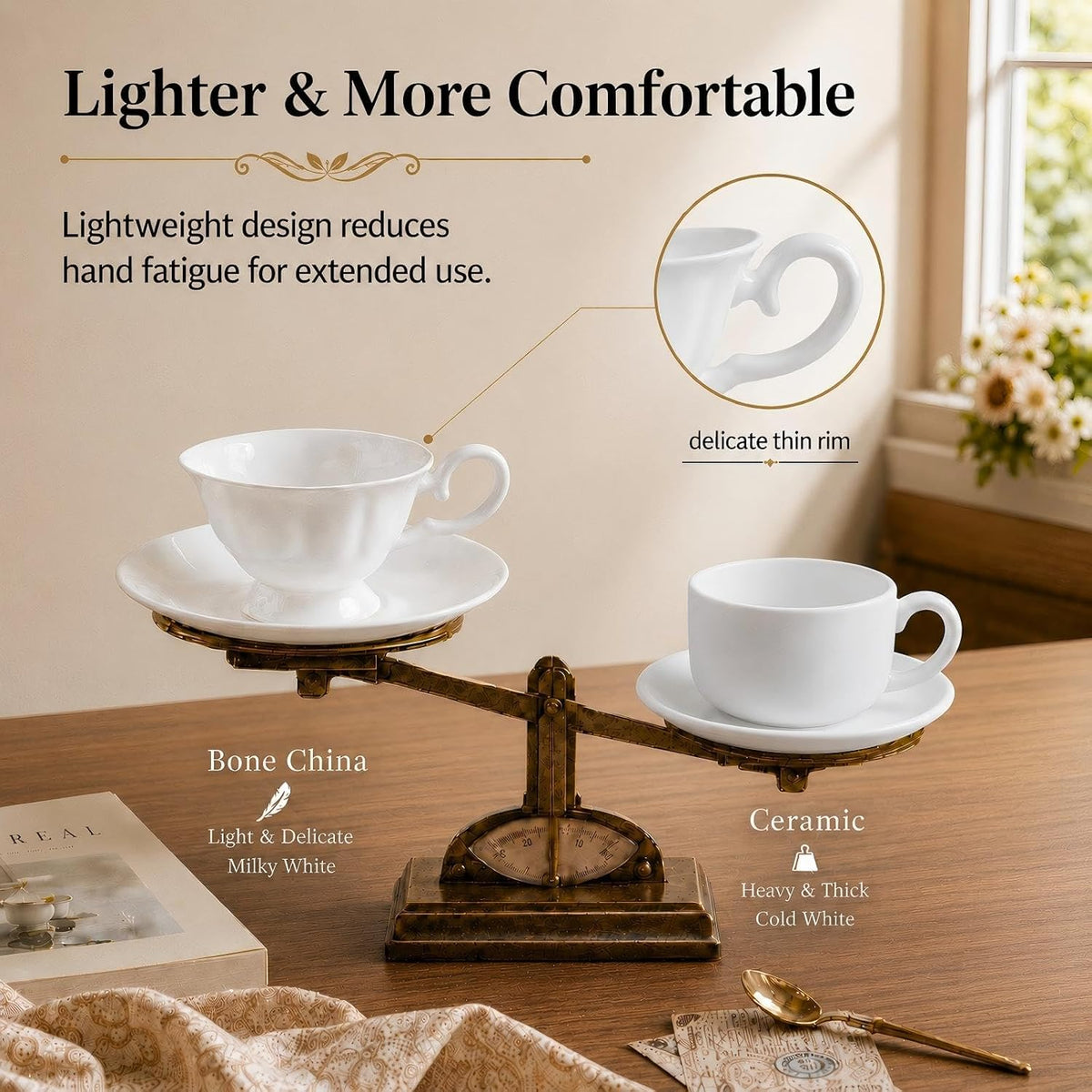 Fine Bone China Tea Cups and Saucers Set of 2, 4 oz | Vintage British Royal Style Espresso Coffee Cups for Afternoon Tea, Latte, Cappuccino, Elegant Gift