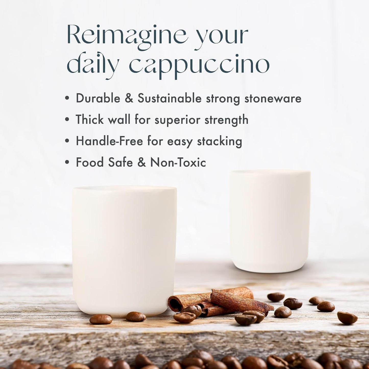 Folk Ceramics Dylan Cappuccino Cups, Fog Grey, Set of 2, 8oz | Double Walled Ceramic, Compact &amp; Heat Insulated, For Cappuccino, Tea, Coffee &amp; Latte