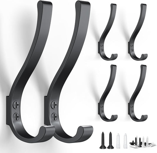 6-Pack Heavy Duty Coat Hooks for Wall Mount - Durable Wall-Mounted Hooks for Hanging Coats, Backpacks & Bookbags,