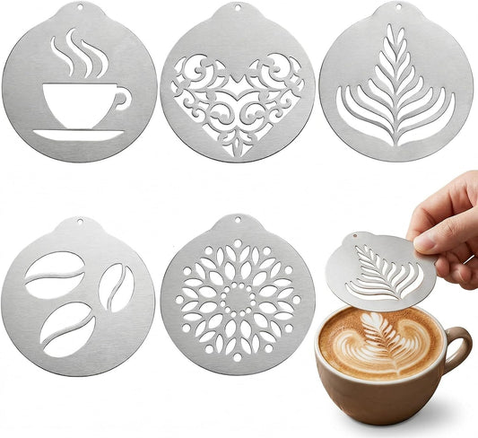 5Pcs Stainless Decorating Stencils, Metal Foam Latte Art Templates, Reusable Cappuccino Chocolate Templates Coffee Garland Mould Cake Decorating Tool