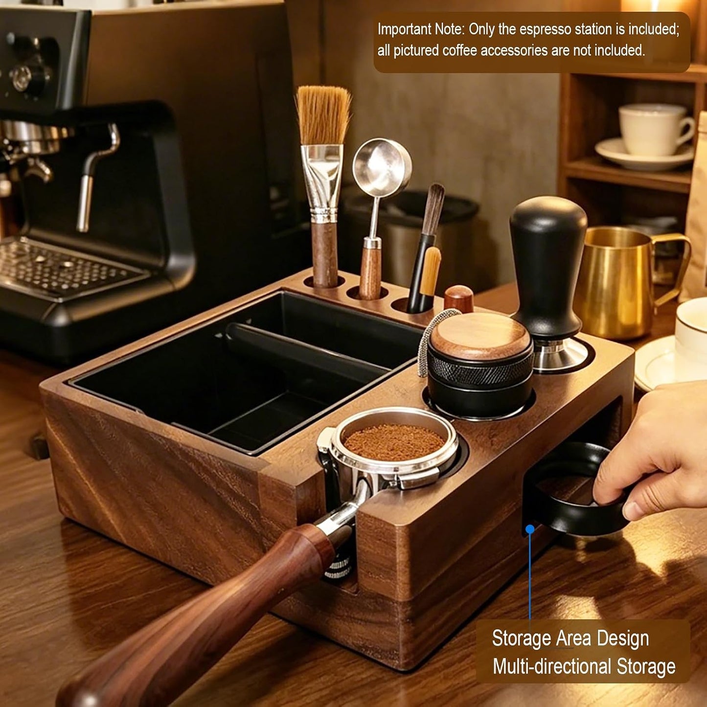 Espresso tamping station and knock box,Wooden portafilter holder,Espresso organizer station box,Tamping station fit for storage 51/54/58mm coffee accessories,Multifunctional tamper station