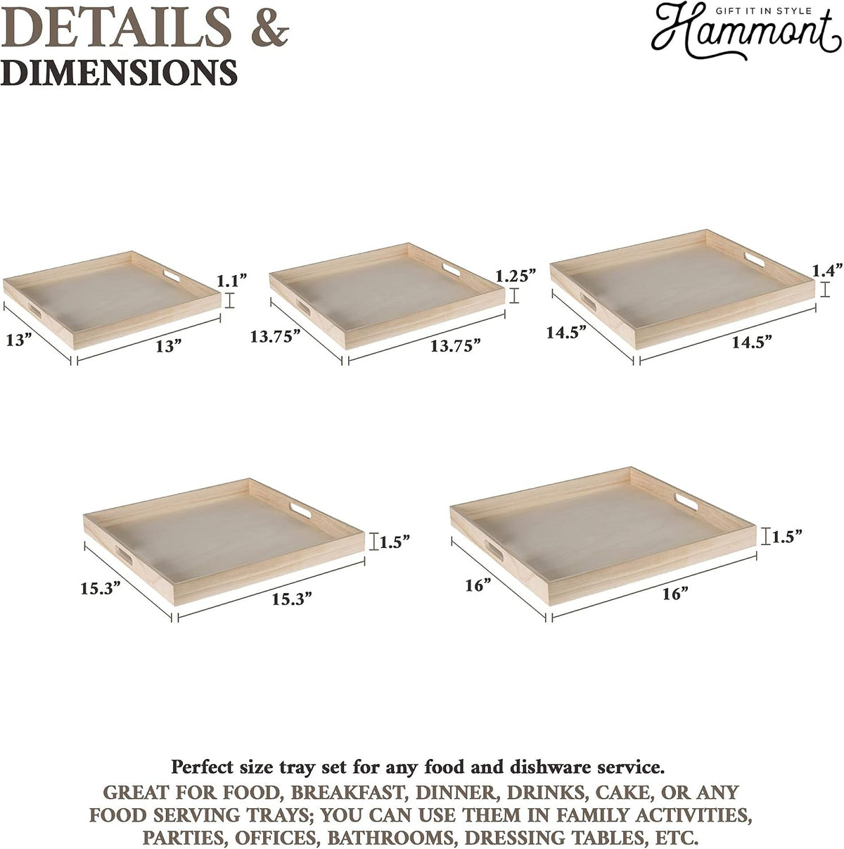 Hammont Wooden Square Trays - Five Piece Nested Serving &amp; Organizing Trays - Rustic Brown Solid Wood - Set of 5 (16x16x1.5", 15.3x15.3x1.5", 14.5x14.5x1.4", 13.75x13.75x1.25", 13x13x1.1")