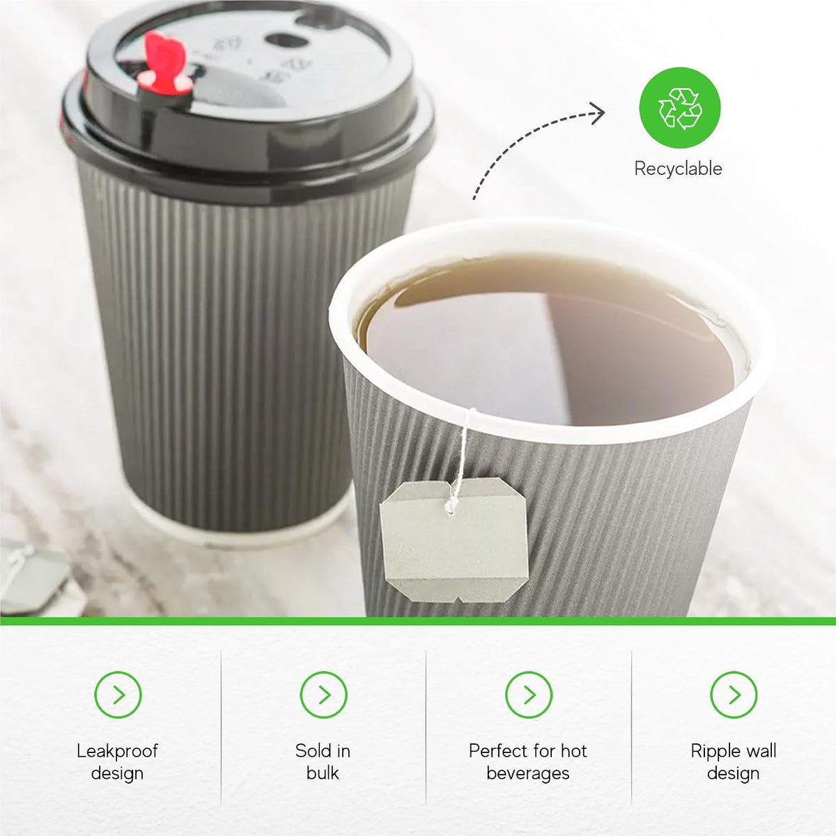 Restaurantware Ripple Wall Coffee Cups 500 Count 12 Ounce Insulated Gray Paper Cups, Rolled Rim Spill-Resistant Disposable Paper Non-Slip for Coffee, Beverages