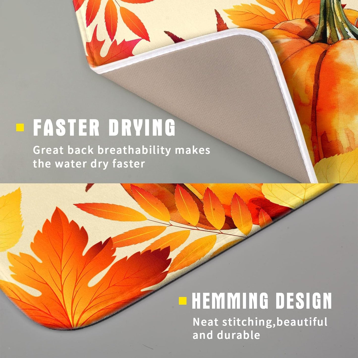 Autumn Pumpkin Maple Leaf Dish Drying Mat for Kitchen Counter,Thanksgiving Fall Holiday Drying Mat with Hanging Loop 16 x 18 Inch Microfiber Dish