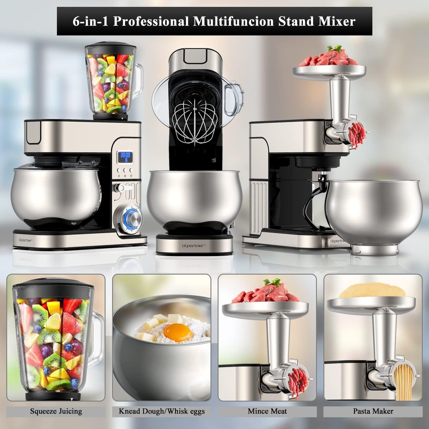 6-IN-1 Stand Mixer, LCD Display Kitchen Electric Mixer, 6.5QT Stainless Steel Bowl, Multi-Function Kitchen Blender With Dough Hook, Whisk, Beater, Meat Grinder, Splash Guard