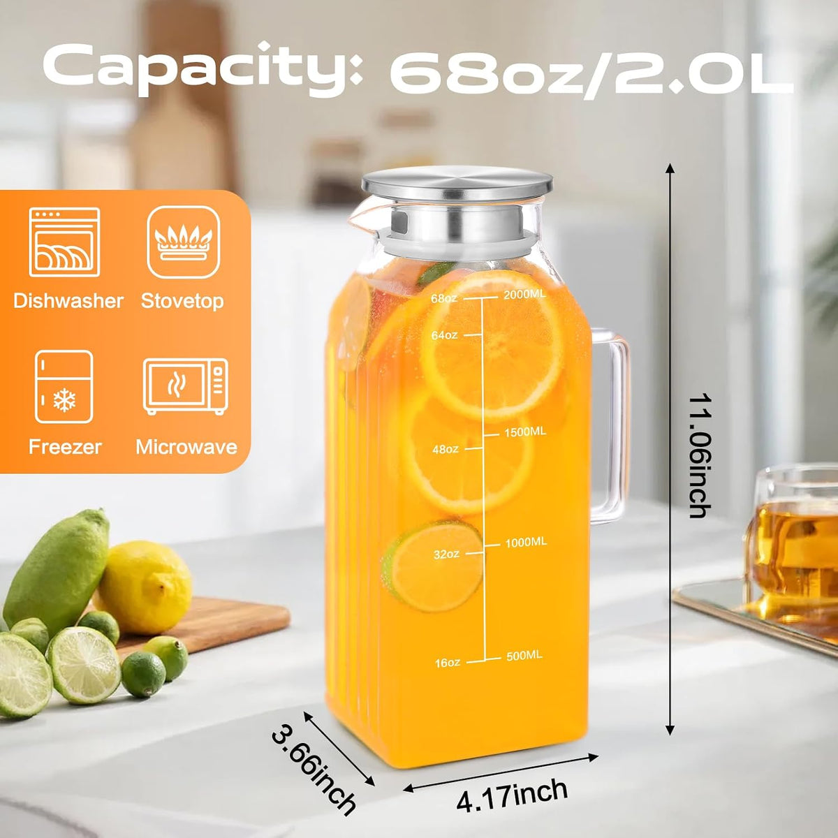 Aofmee 68oz Glass Pitcher with Lid and Handle for Fridge, Clear 2pc | Iced Tea Pitcher for Fridge, Borosilicate Glass Carafe, Sun Tea Jar, Dual Pour Stainless Lid, Dishwasher Safe