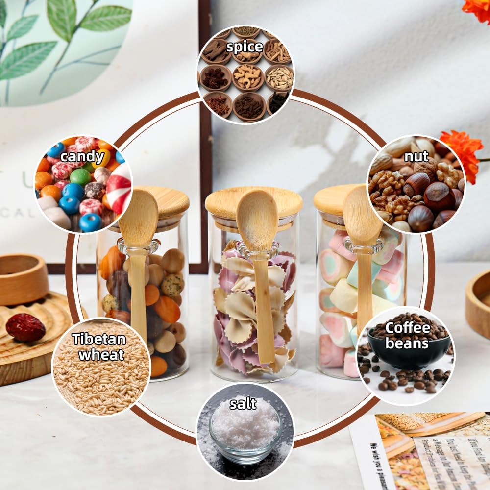 Glass Sugar Container with Spoon, 8 Pack 10oz Glass Tea Jars with Bamboo Lids and Spoons, Loose Leaf Tea Containers for Coffee Beans, Brown Sugar, Nuts, Candy, Bath Salts