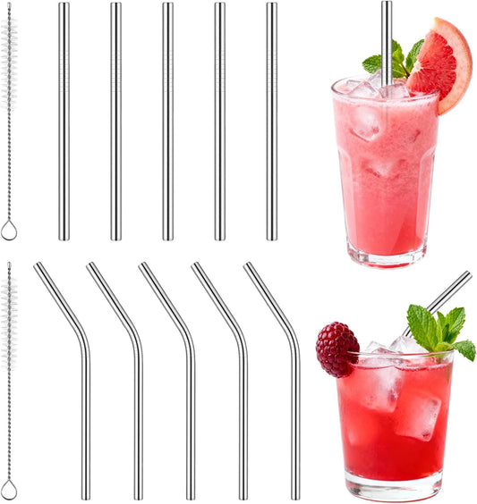 10Pcs Short Metal Straws, Metal Straws Reusable, Stainless Steel Straw Cocktail Straw with 2 Cleaning Brushes, Bent Cup