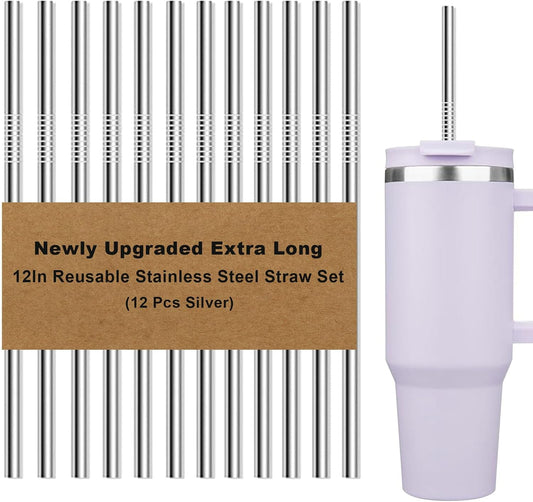 Newly Upgraded Extra Long 12In Metal Straws Reusable Set 12 PCS,BPA Free, Eco-Friendly Stainless Steel Straws Fit 40 oz