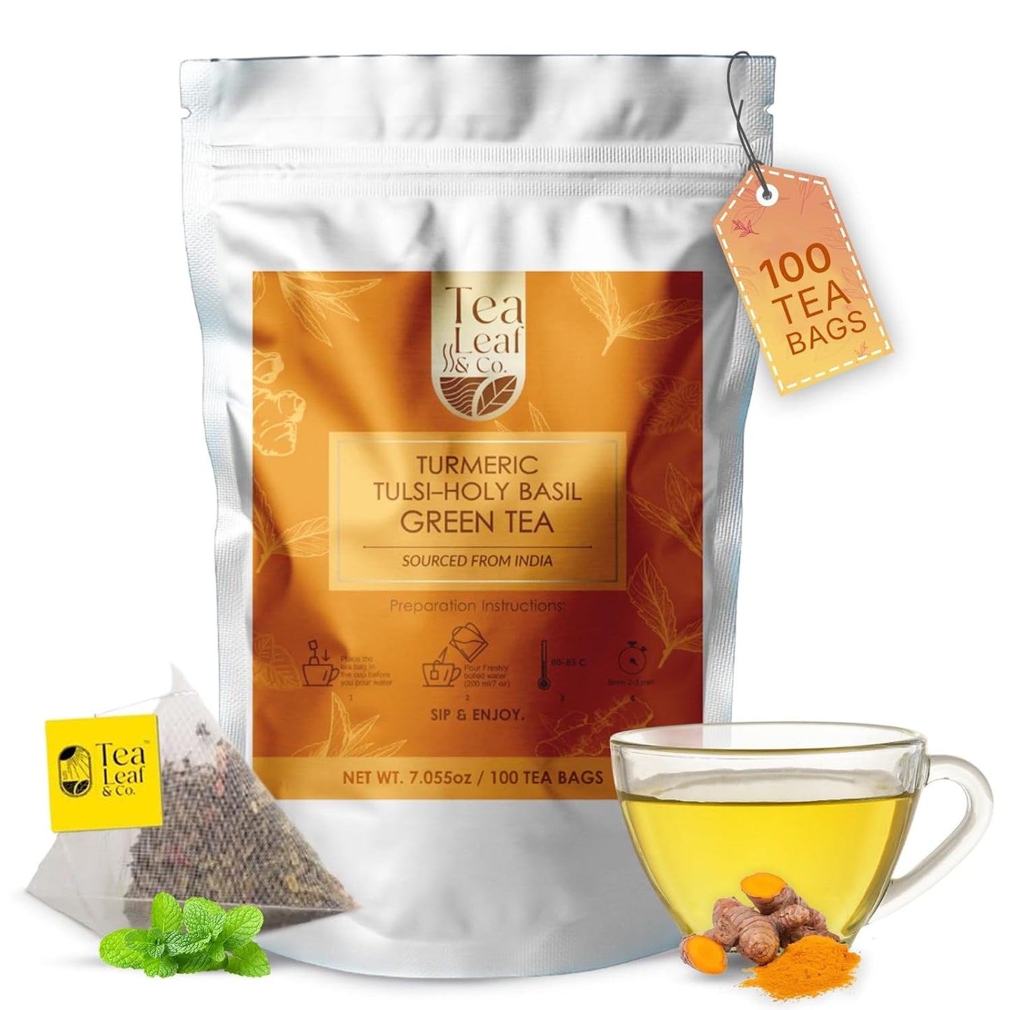 Turmeric Tulsi Green Tea 200gm/7oz, Natural Herbal Infusion, 100 Tea Bags