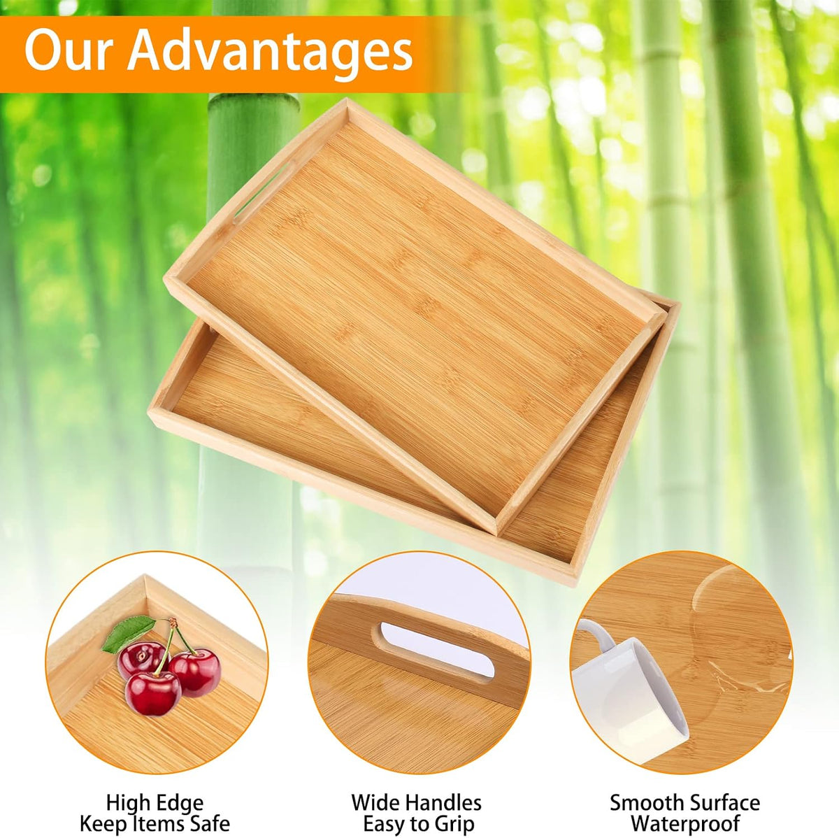 2-Pack Bamboo Serving Trays with Handles, 16" and 13", Decorative Food Tray Set for Breakfast, Coffee, Tea, Snacks, Ideal for Coffee Table, Ottoman, Living Room &amp; Kitchen
