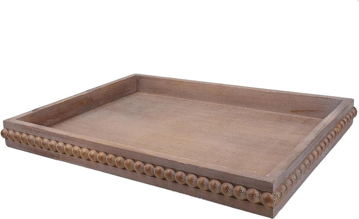 Hrastany Wood Decorative Tray, Distressed Outdoor Serving Tray with Wooden Bead for Ottoman, Coffee Table, Entertaining, Home Decor, Rectangular 15.7”*11.8”*1.57” (Retro Brown)