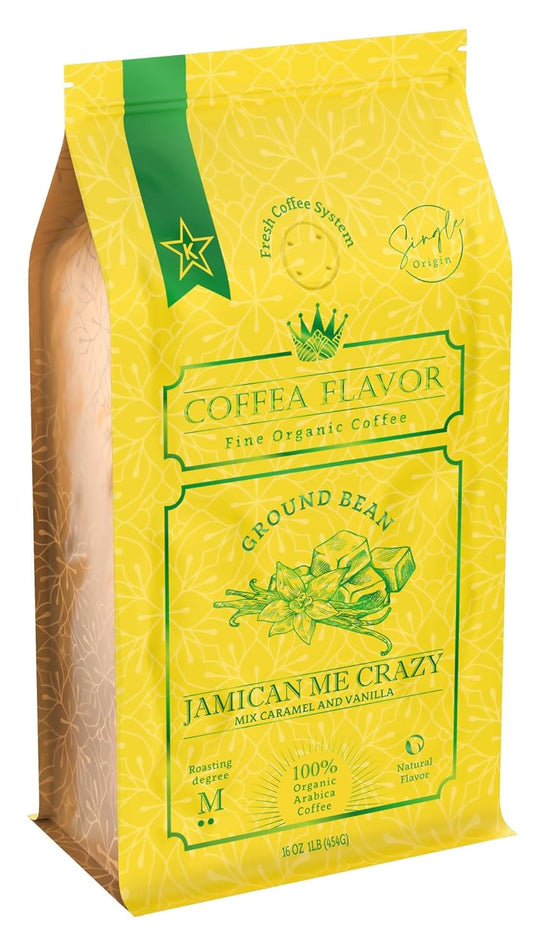 Flavored Ground Coffee – Jamaican Me Crazy (Caramel and Vanilla), 100% Arabica, Single Origin, Medium Roast, USDA Organic,