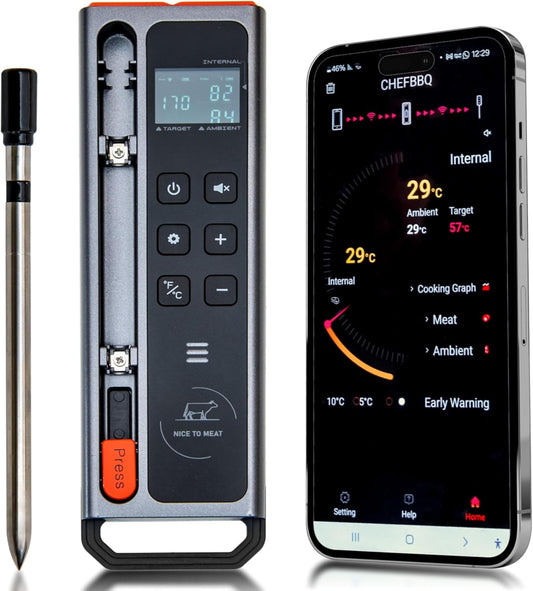 WiFi and Bluetooth Meat Thermometer Digital Wireless - Long Range Connection with Built-in Temperature Display, Meats
