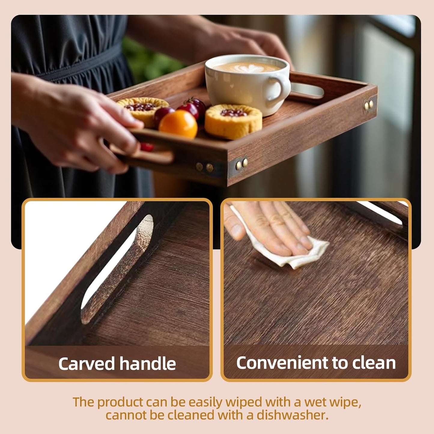 Wood Serving Tray with Handles for Breakfast in Bed, Coffee Table | 15.8 x 11 Inches Rectangular Pine Wood Decorative Tray, Ottoman Decorative Trays Platter for Living Room, Bar, Party