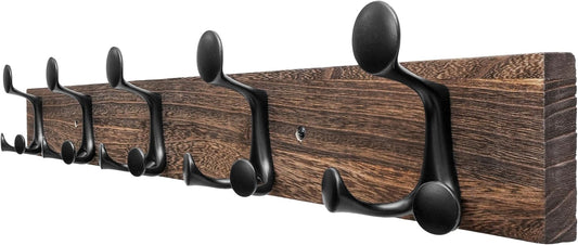 SKOLOO 30-Inch Wood Burnt Coat Rack Wall Mount with 5 Triple Hooks - Ideal for Family Entrances, Classrooms, and Pet
