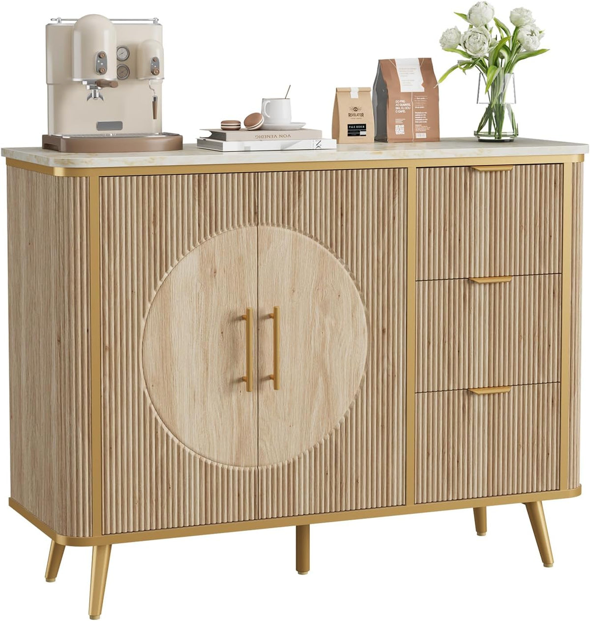 47.3" Modern Buffet Cabinet with Storage, Kitchen Sideboard Buffet with 2 Door &amp; 3 Drawers, Fluted Caffee Bar Storage Cabinet for Dining Room, Living Room, Entryway, Natural Oak
