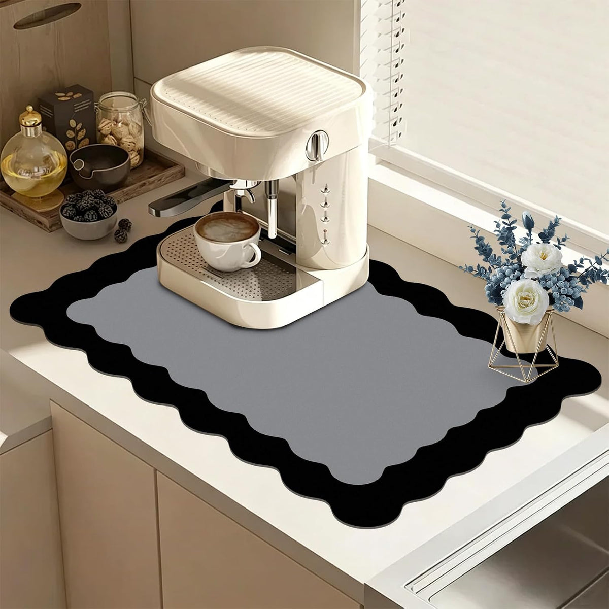 Black Scalloped Coffee Mat for Countertop Coffee Bar Mat Matt | Diatomite Absorbent Non-Slip Rubber Backing Coffee Staion Mats for Kitchen Counter, Kitchen Aesthetic Decor (12"x19", Black)