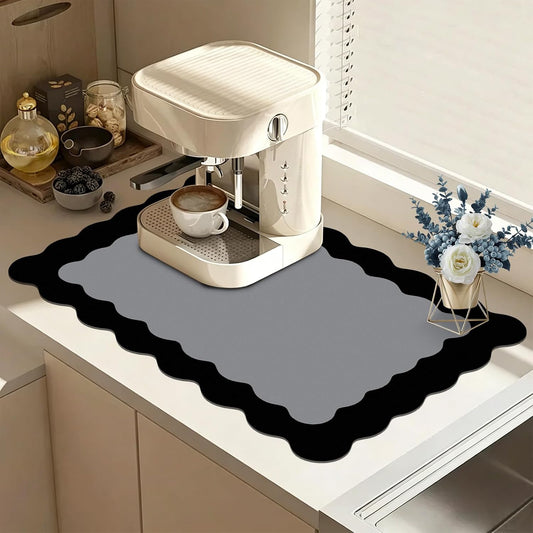 Black Scalloped Coffee Mat for Countertop Coffee Bar Mat Matt | Diatomite Absorbent Non-Slip Rubber Backing Coffee Staion Mats for Kitchen Counter, Kitchen Aesthetic Decor (12"x19", Black)