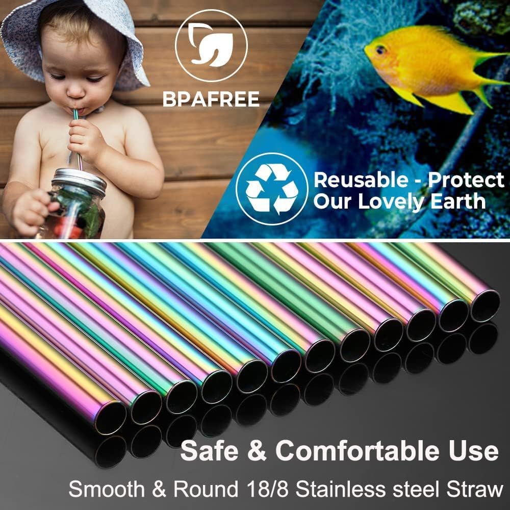 Vinaco 6 Pack 0.4" Wide Bore Reusable Stainless Steel Smoothie Straws