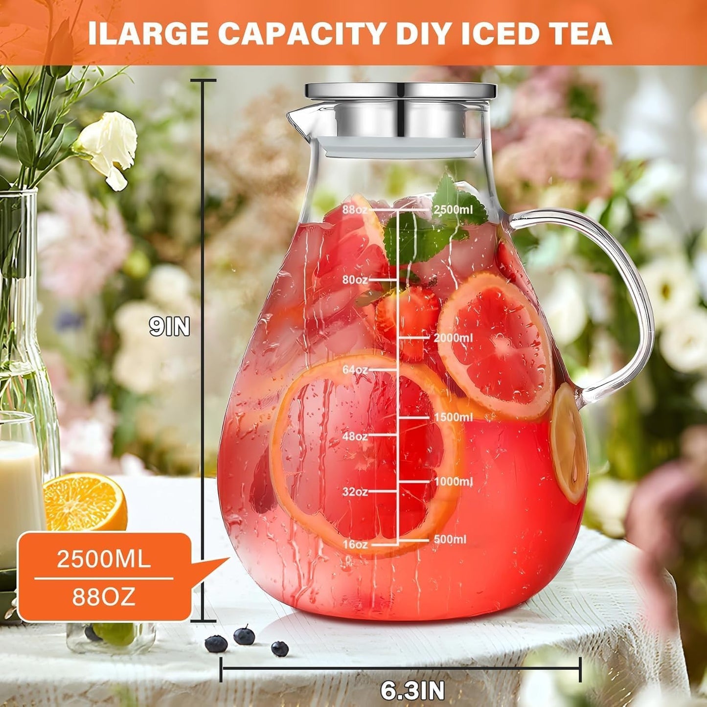 84.5oz Borosilicate Glass Teapot with 304 Stainless Steel Lid &amp; Built-in Strainer, Stovetop &amp; Microwave Safe Tea Kettle for Loose Leaf/Iced/Fruit/Herbal Tea, 2500ml Clear Pot