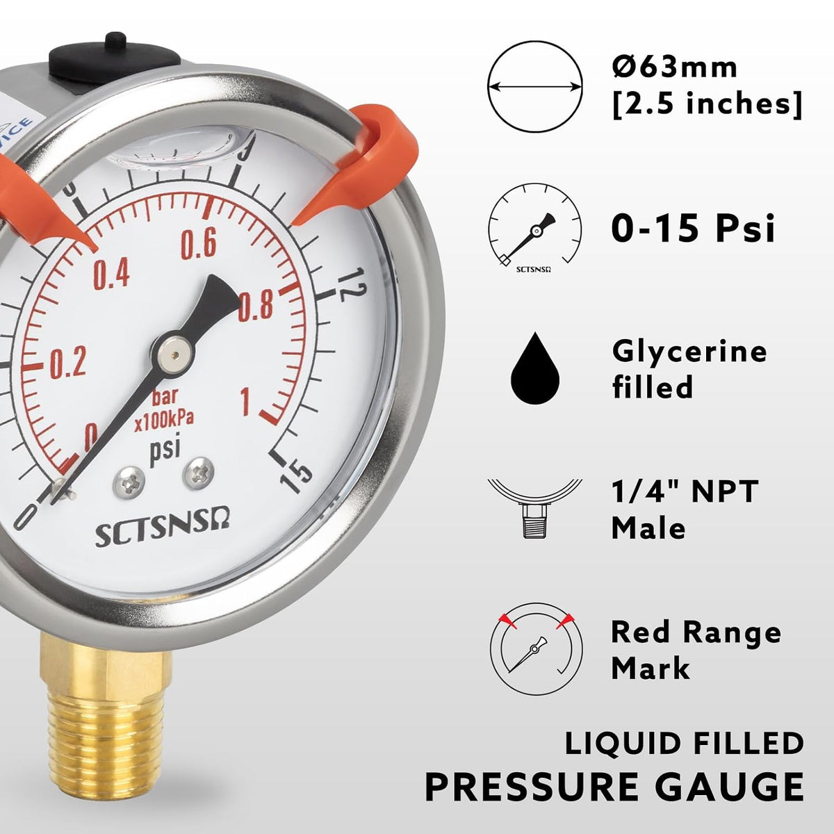 0 to 15 Psi Pressure Gauge, Liquid Filled, 1/4" NPT Lower Mount