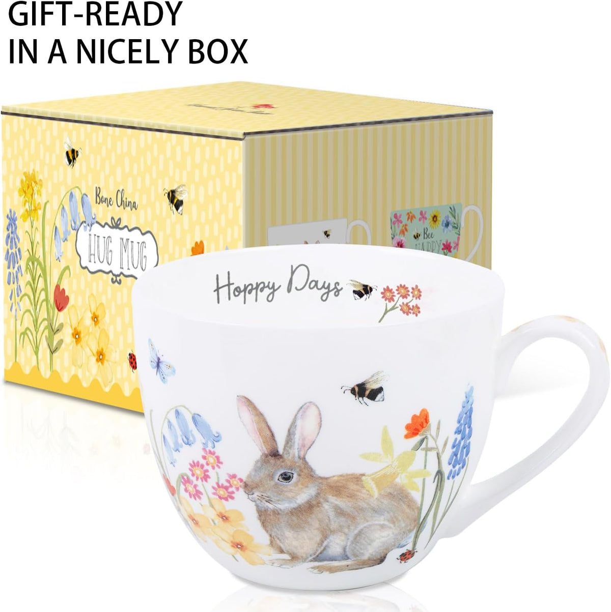 20 oz Bunny Coffee Mug with Spring Flowers & Happy Days Slogan