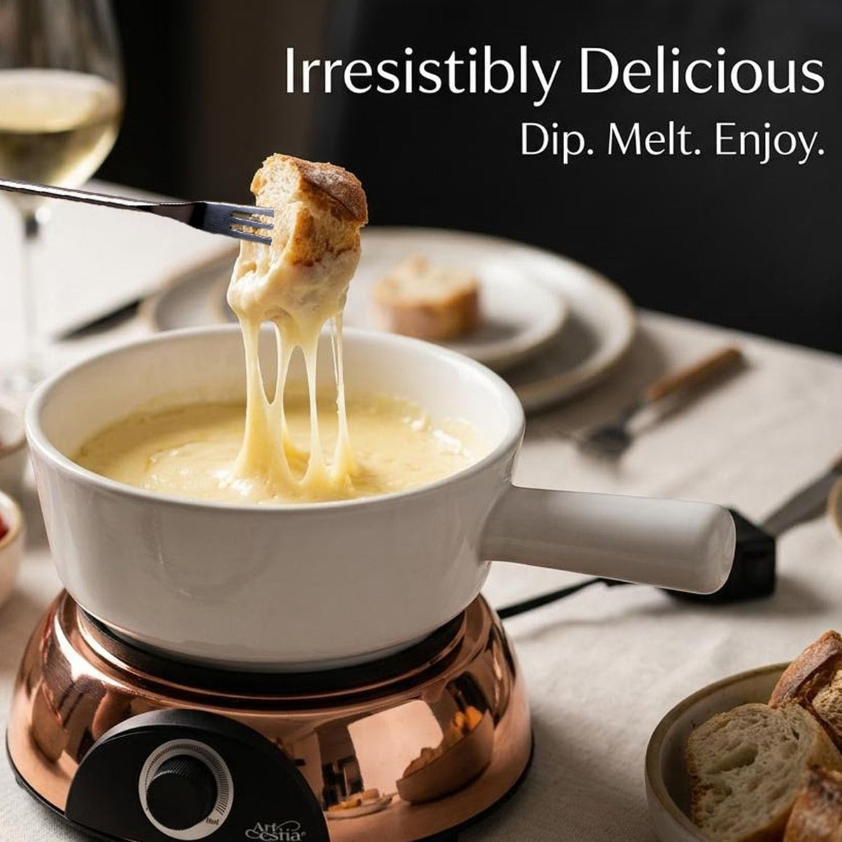 Artestia Electric Fondue Pot 2-QT 1500W, Dual-Use Swiss Fondue Set for Cheese & Chocolate Melting, Adjustable Temperature Control, White Ceramic Pot with Rose-Gold Base & 6 Forks