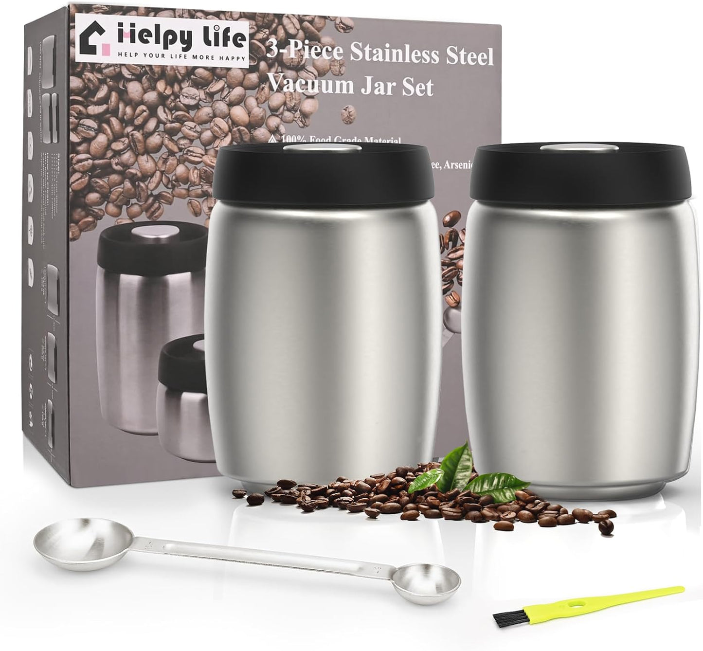 Vacuum Coffee Canister,Stainless Steel Airtight Coffee Storage Containers Set with Measuring Scoop and Airtight Lid,for Coffee Grounds,Beans,Loose Tea,Sugar,Spices,2400ml/32OZ (L*2), Silver