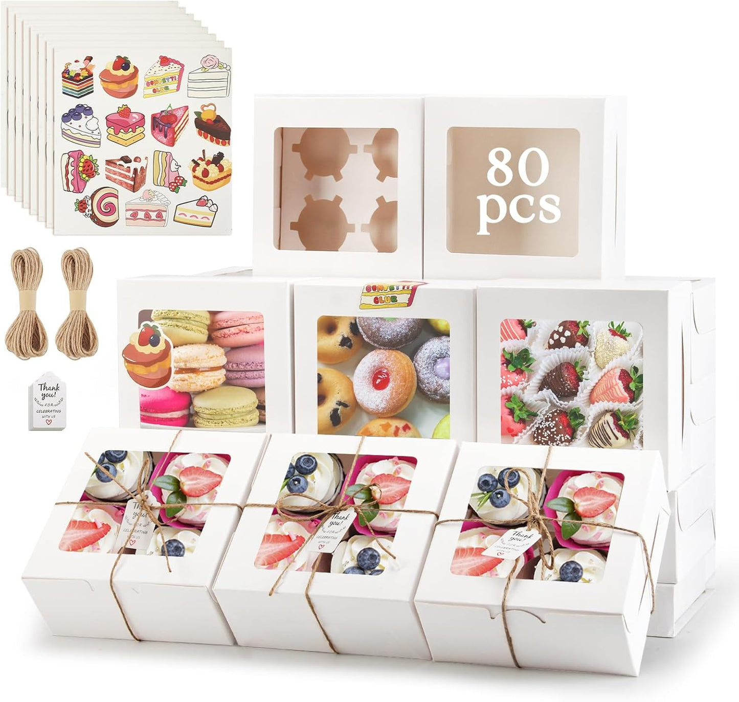OAMCEG 80 Pack Cookie Boxes with Window 6x6x3 Inches White Cupcake Boxes, Bakery Treat Boxes with St