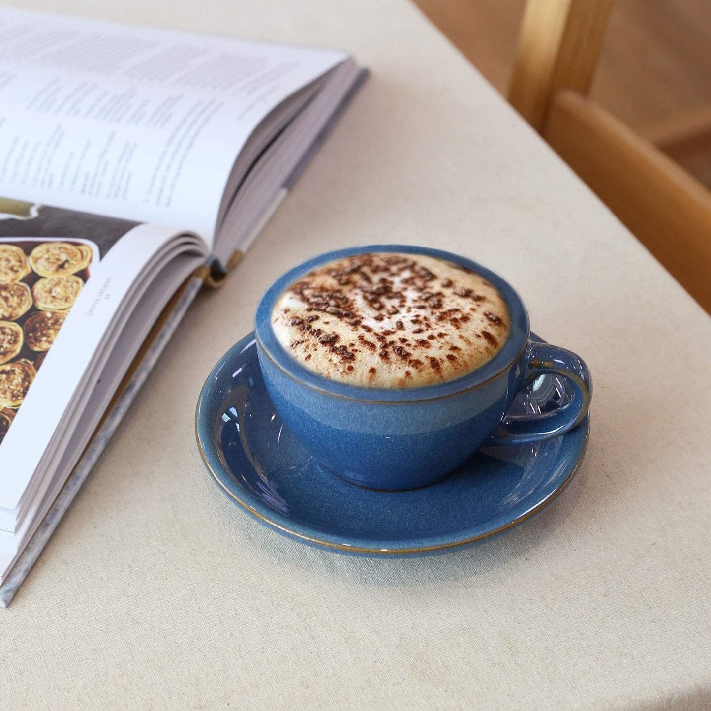 LE TAUCI 6 oz Cappuccino Cups with Saucers, Set of 4 Ceramic Coffee Cup and Saucer Set for Latte, Au Lait, Flat White, Mocha, Tea, Embossed Coffee Cups, Ceylon Blue