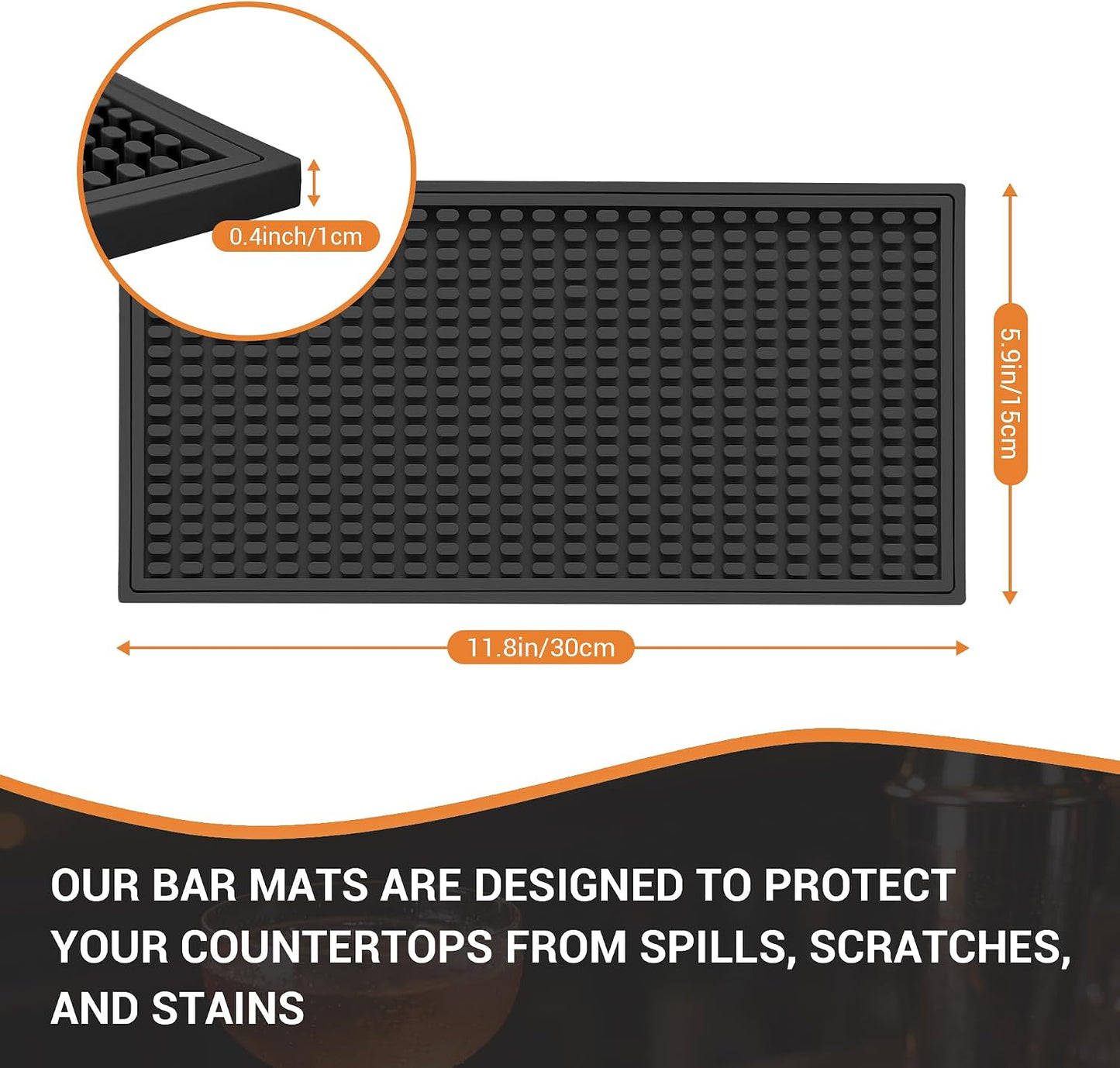 ZJWZLG Bar Mat 5.9"x11.8"(2Pcs) Non-Slip Rubber Bar Mat, Spill Proof &amp; Flat Design,Easy to Clean Textured Surface for Home Bar,Coffee Station, Bartending - Protects Countertops &amp; Glassware (Black).