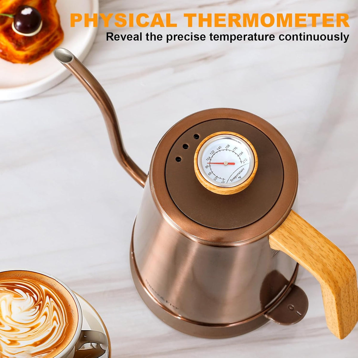 Nueve&amp;Five Electric Gooseneck Kettle with Thermometer, 1.0L Pour Over Hot Water Kettle for Coffee and Tea, 1000W, Auto Shutoff, Boil-Dry Protection,Copper