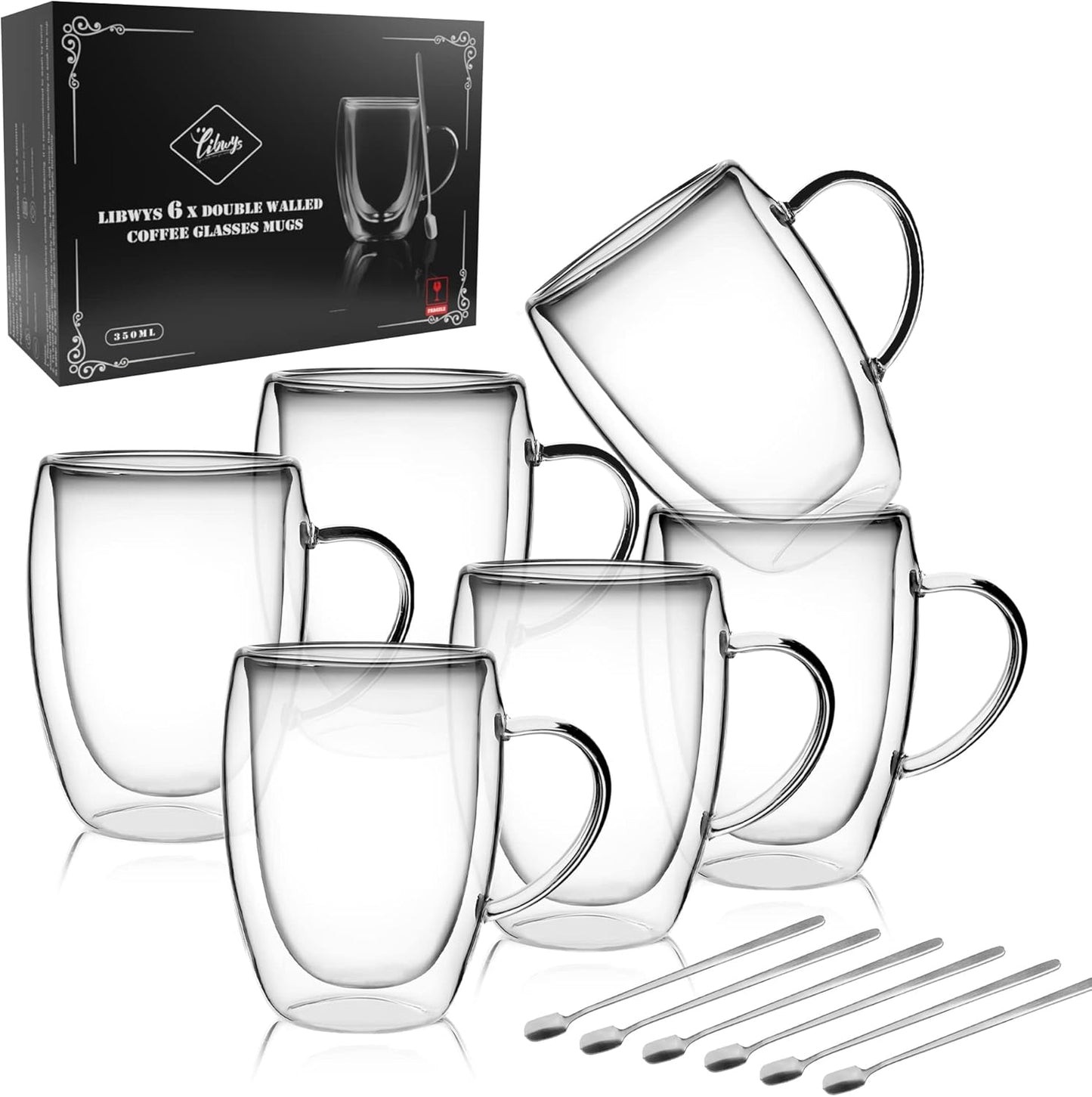 LIBWYS 6 Pack Double Walled Coffee Cups Glasses Mugs, 12oz Espresso Cappuccino Latte Tea Cups with H