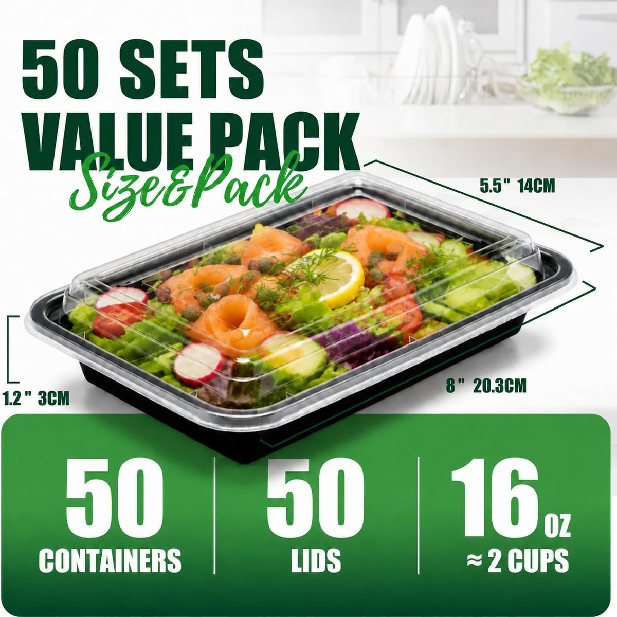 100-Piece (50-Pack) 16 OZ Meal Prep Containers Reusable with Lids, Sturdy Leakproof & Food Safe, Microwave, Freezer, Dishwasher Safe To Go Food Containers, Plastic Take Out Containers, Black